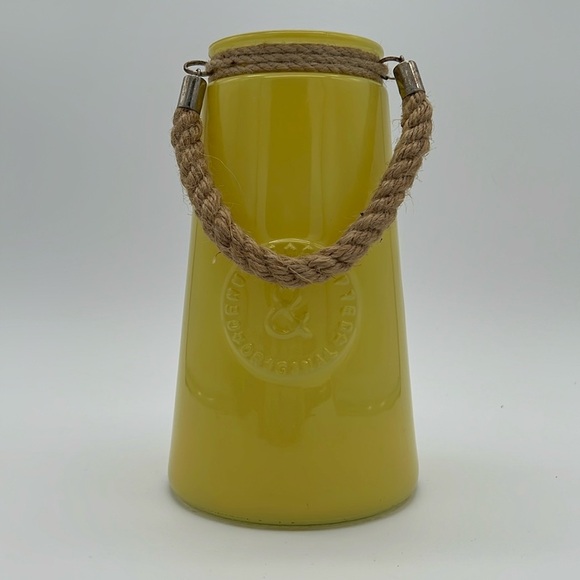 “Genuine & Crafted Original” Yellow Glass Jar/Vase with Rope Handle - Picture 1 of 16